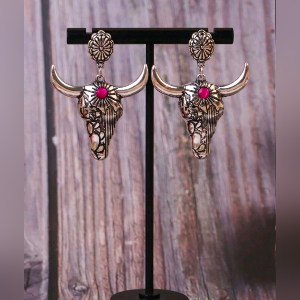 Silver and Pink Bull Skull Western Earrings